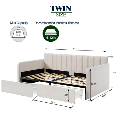 Flora - Upholstered Daybed With 2 Drawers Ribbed Tufted Backrest in Lavish Design, Twin, Beige