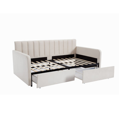 Flora - Upholstered Daybed With 2 Drawers Ribbed Tufted Backrest in Lavish Design, Twin, Beige