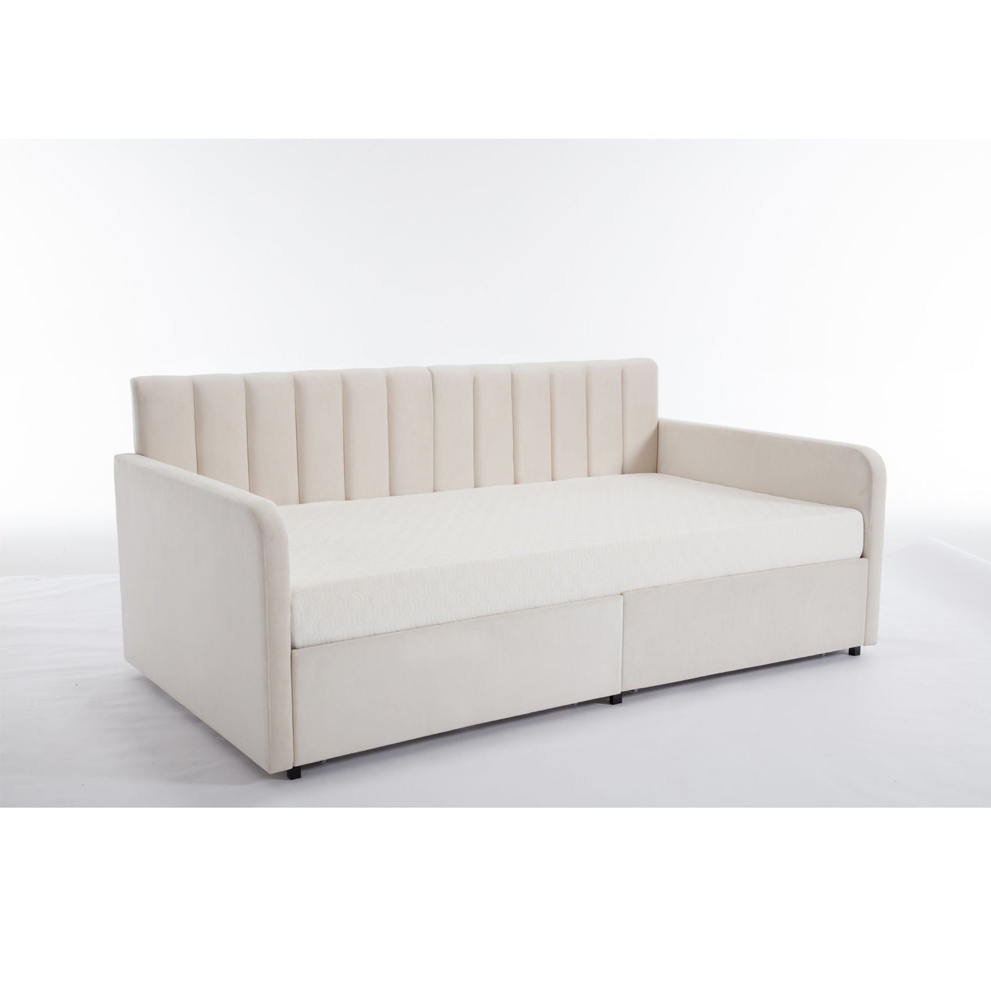 Flora - Upholstered Daybed With 2 Drawers Ribbed Tufted Backrest in Lavish Design, Twin, Beige