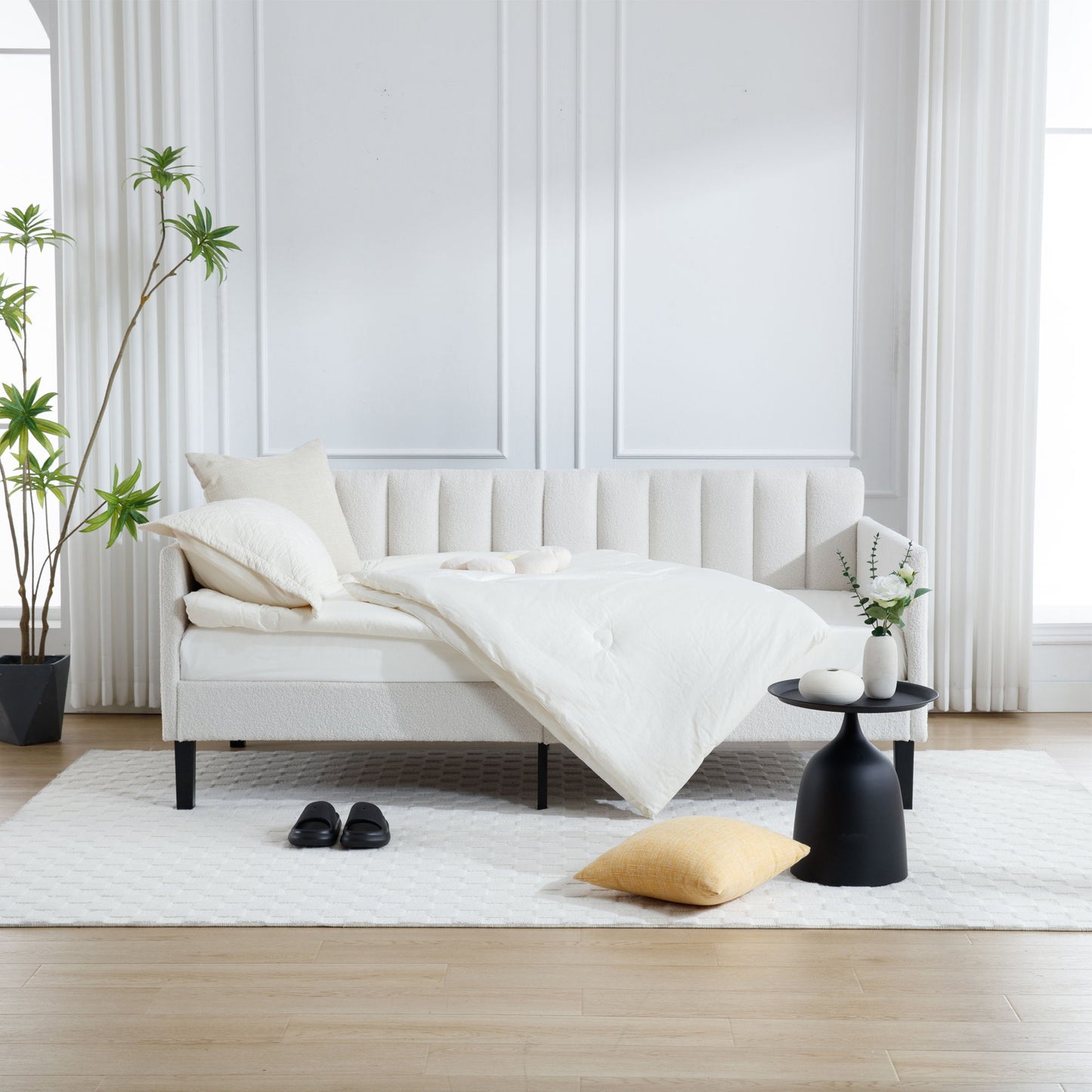 Elena - Boucle Upholstered Daybed, Ribbed Tufted Backrest, Twin, Beige