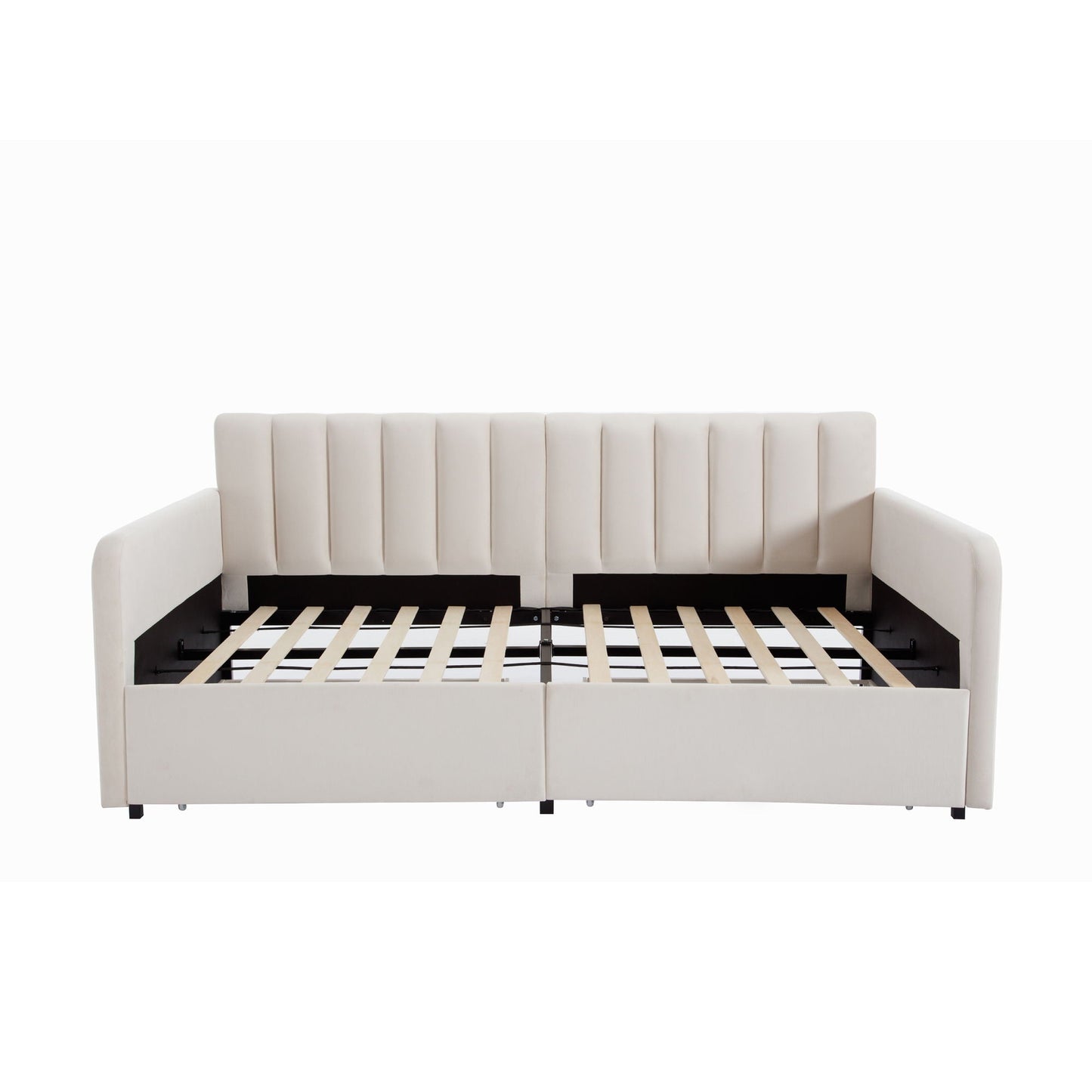 Flora - Upholstered Daybed With 2 Drawers Ribbed Tufted Backrest in Lavish Design, Twin, Beige