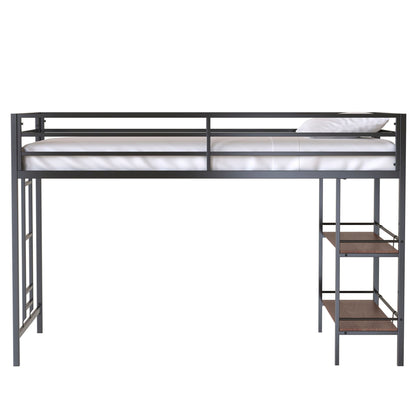 Adam - Junior Twin Loft Bunk Bed With Cinnamon Wood Shelf - Black