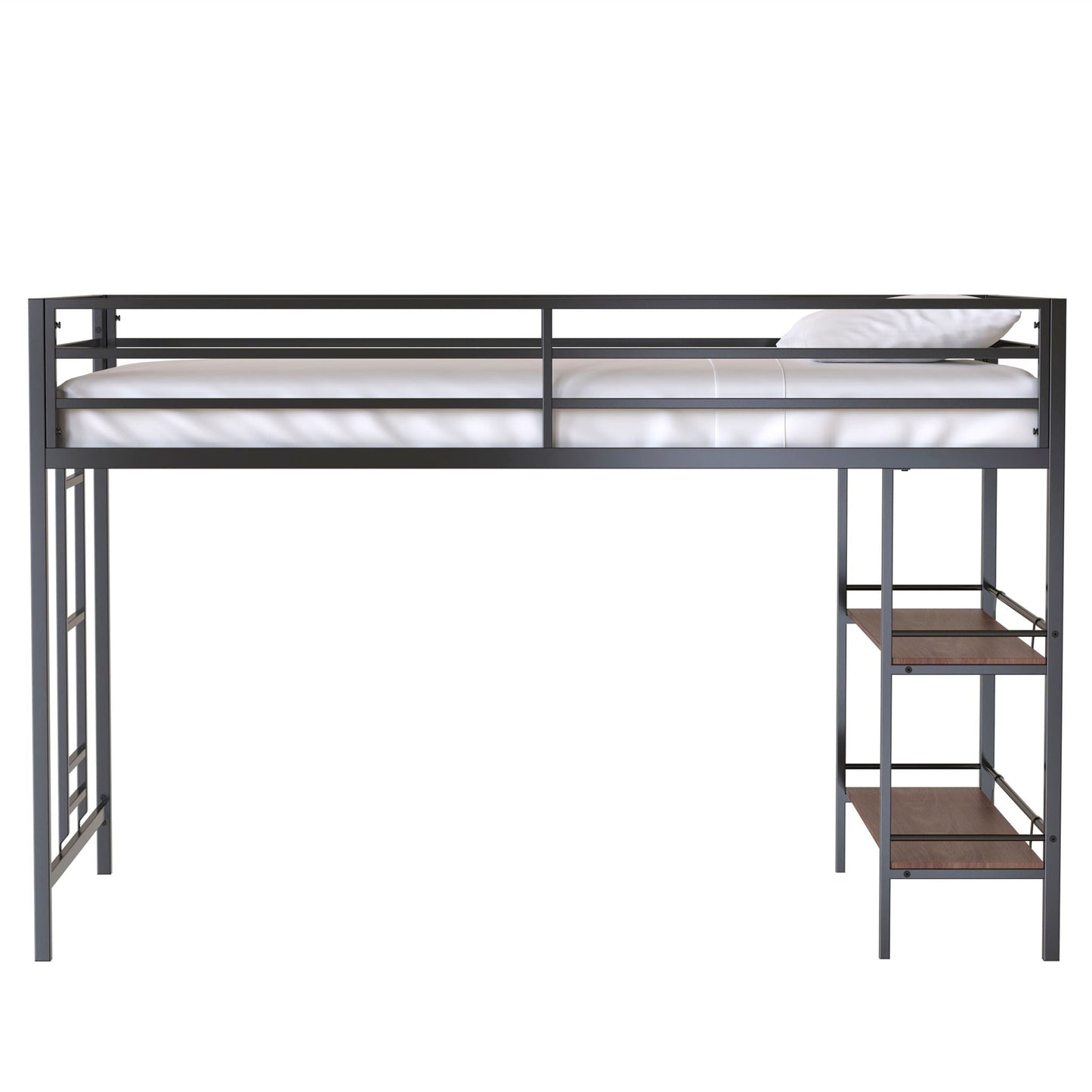 Adam - Junior Twin Loft Bunk Bed With Cinnamon Wood Shelf - Black