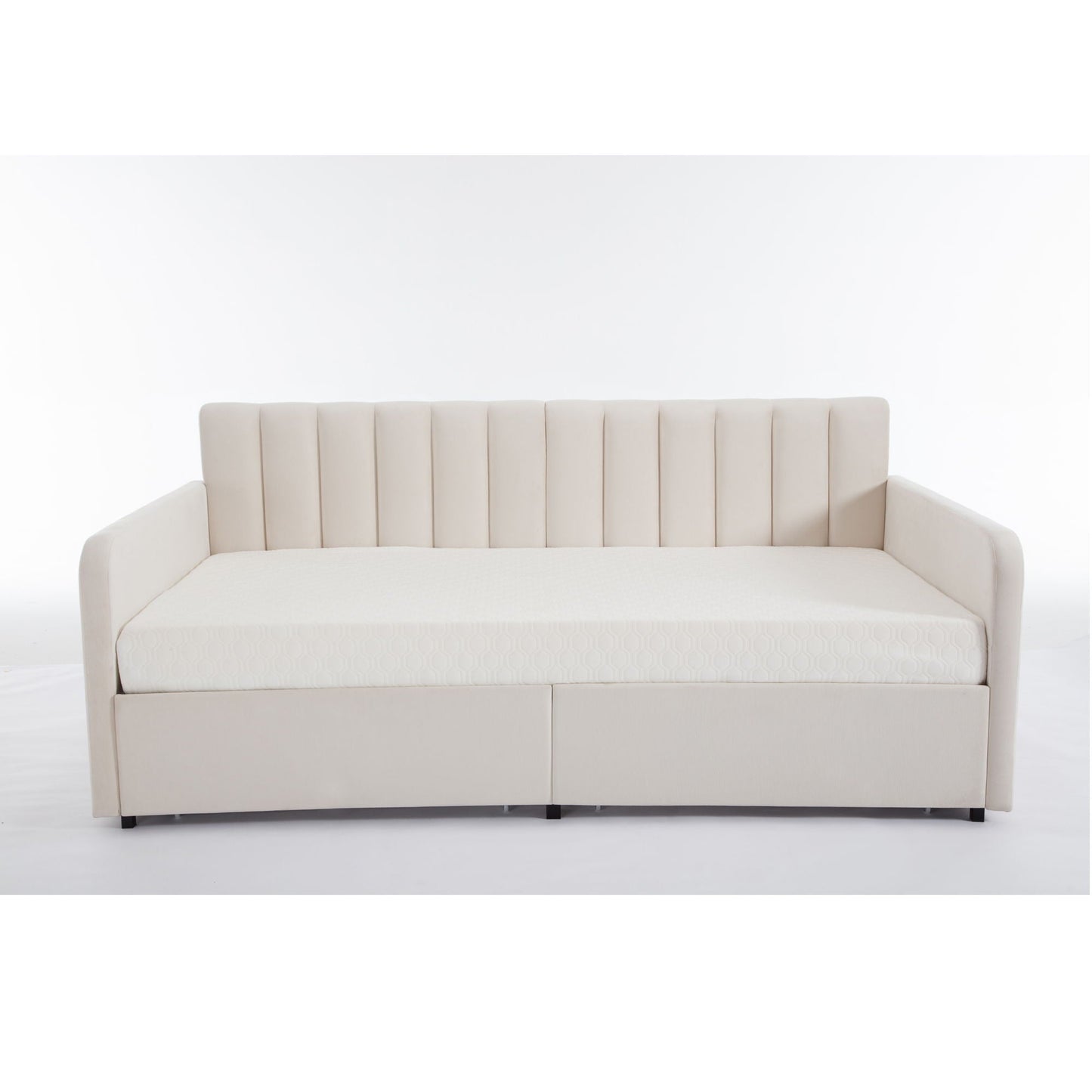 Flora - Upholstered Daybed With 2 Drawers Ribbed Tufted Backrest in Lavish Design, Twin, Beige