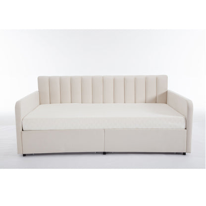 Flora - Upholstered Daybed With 2 Drawers Ribbed Tufted Backrest in Lavish Design, Twin, Beige