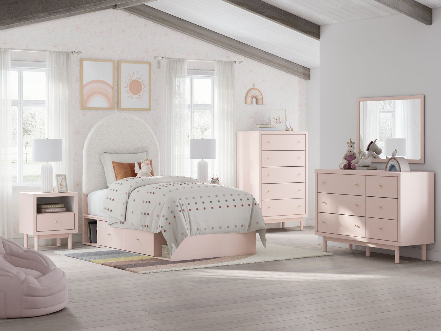 Wistenpine - Upholstered Panel Bed With Storage, Twin, Pink