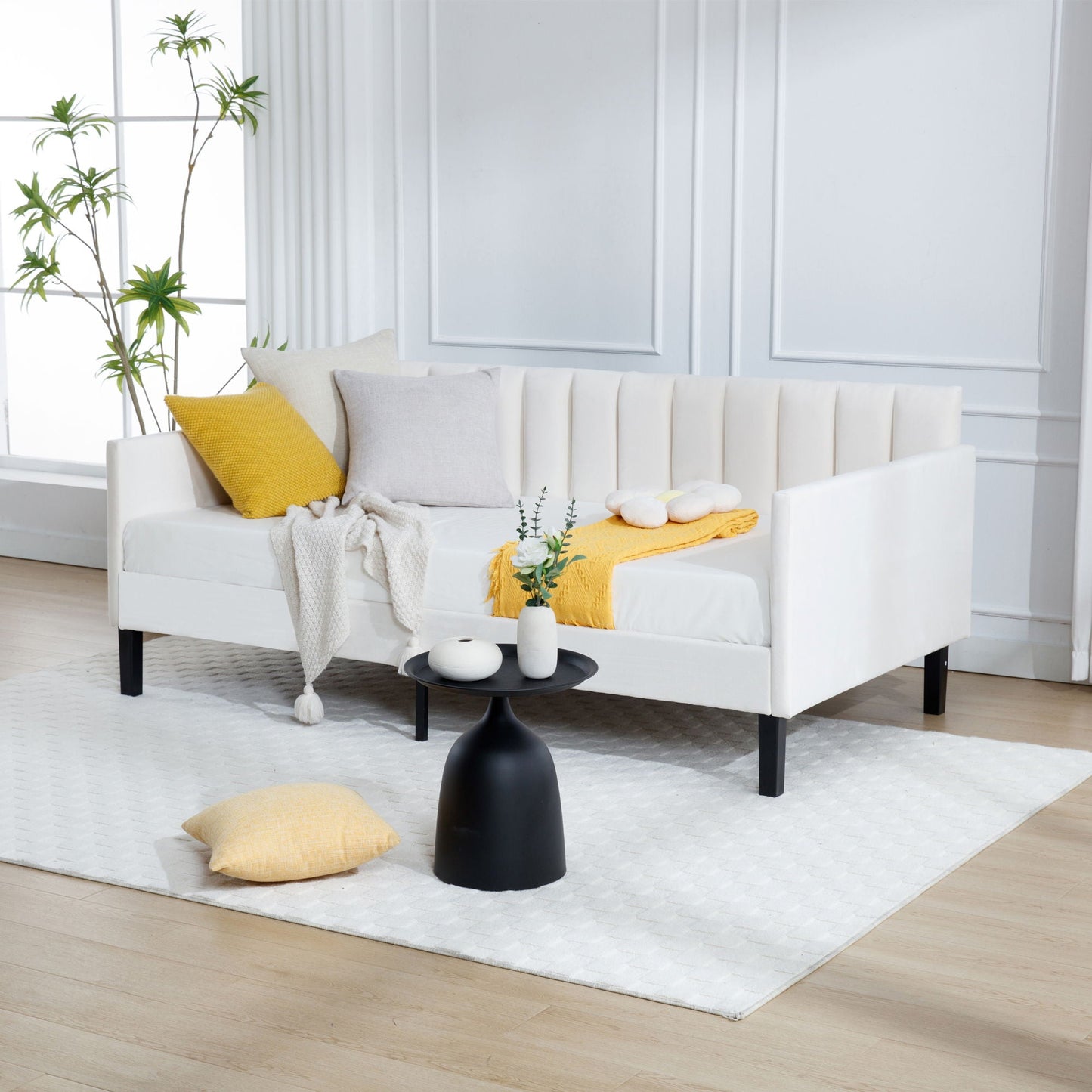 Elena - Boucle Upholstered Daybed, Ribbed Tufted Backrest, Twin, Beige