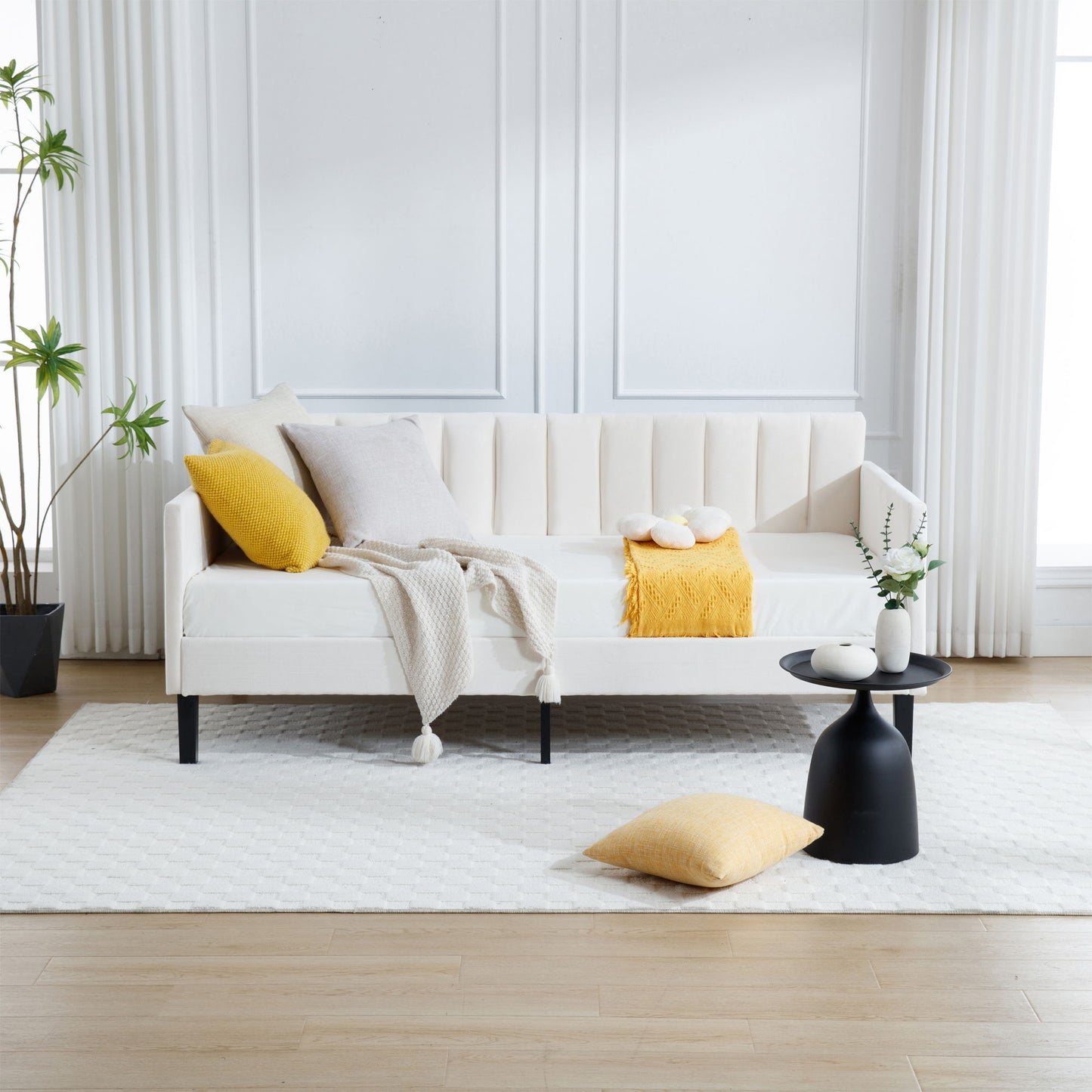 Elena - Boucle Upholstered Daybed, Ribbed Tufted Backrest, Twin, Beige