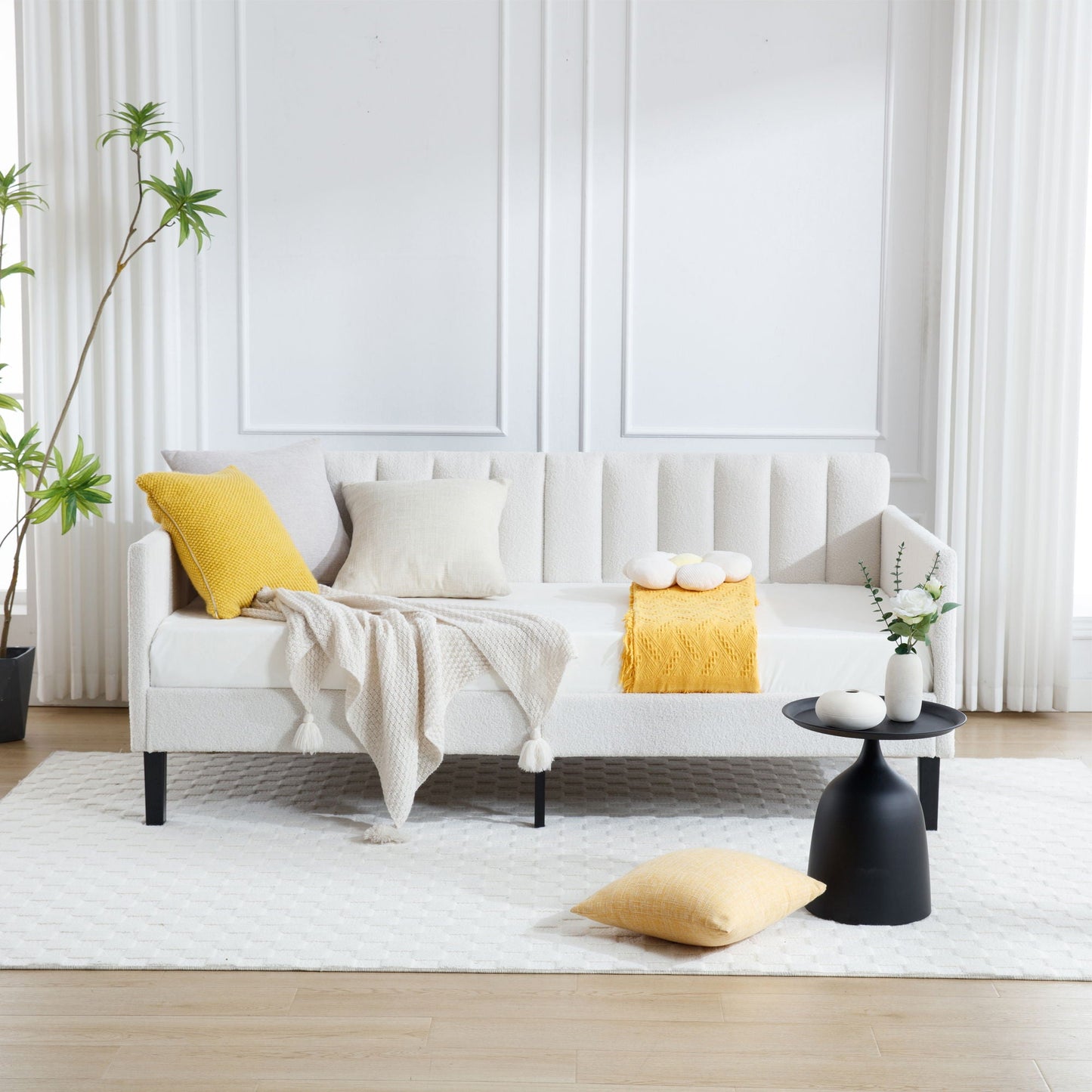 Elena - Boucle Upholstered Daybed, Ribbed Tufted Backrest, Twin, Beige